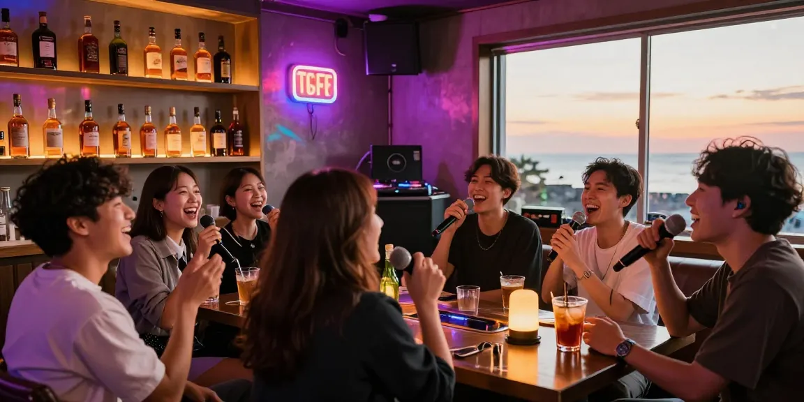Enjoying 제주유흥 at a lively karaoke bar in Jeju Island with friends, vibrant atmosphere and whiskey selection.