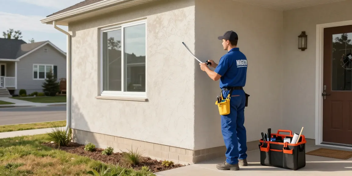 Stucco Regina: Trusted local contractor inspecting quality stucco installation.
