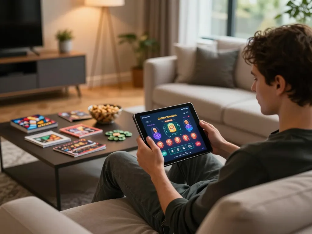Player enjoying an online gaming session at home with bags168, showcasing a vibrant tablet interface and warm ambiance.