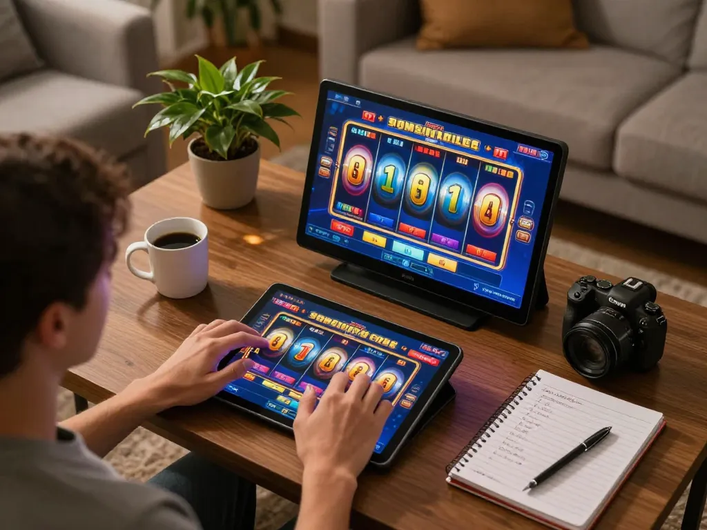 Nohu online player spinning colorful slot reels on tablet in cozy living room.