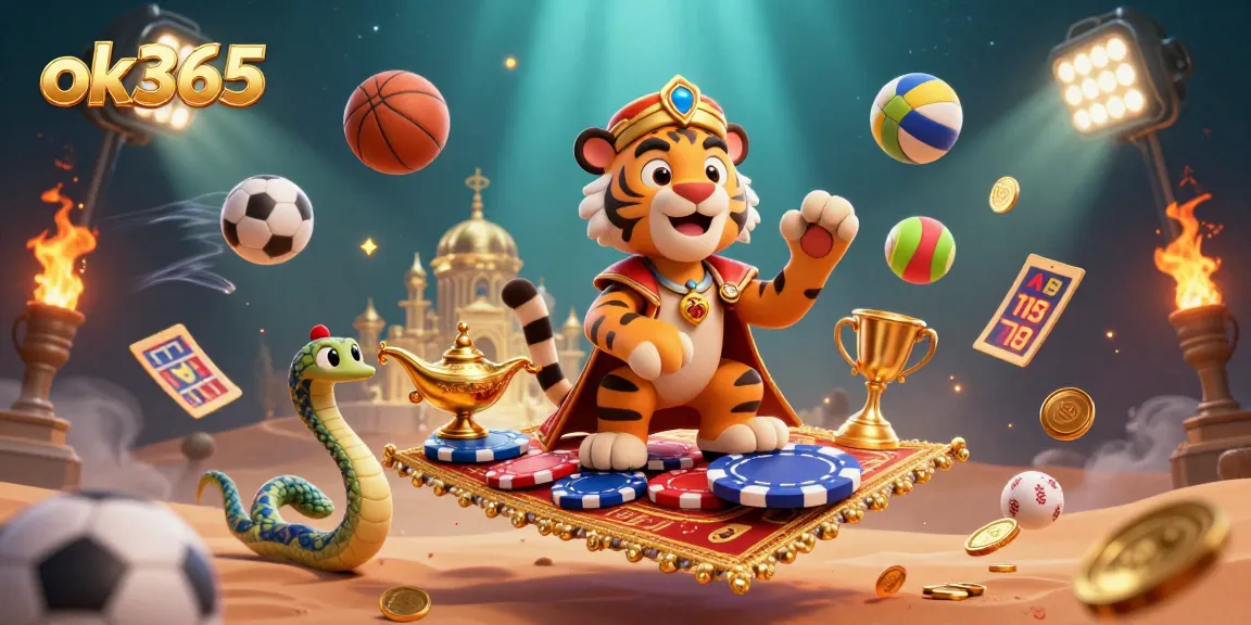 Experience thrilling gaming at ok365 with a dynamic illustration of a tiger sultan embarking on a magical casino adventure.