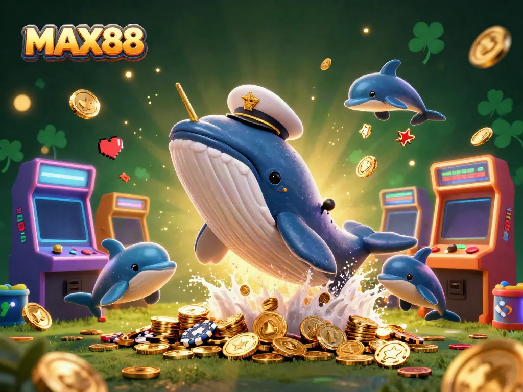 MAX88 showcases a playful underwater casino scene with a whale, dolphins, and narwhals splashing in gold coins.