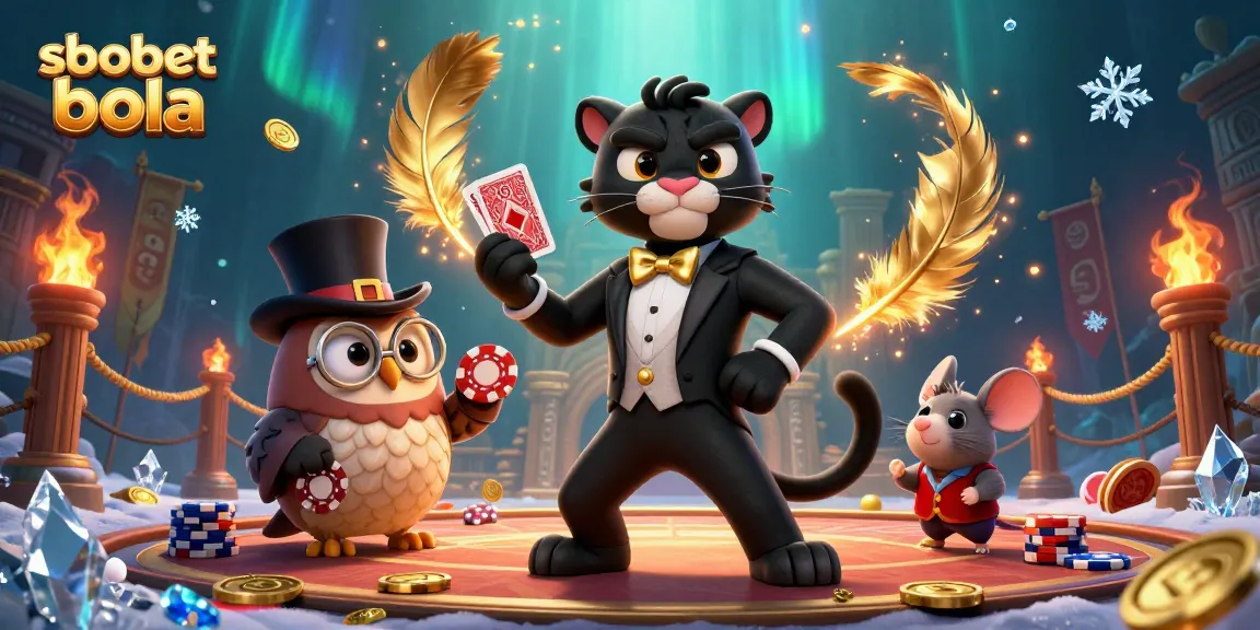 Engage in sbobet bola action with a stylish panther dealing cards in a vibrant casino scene.