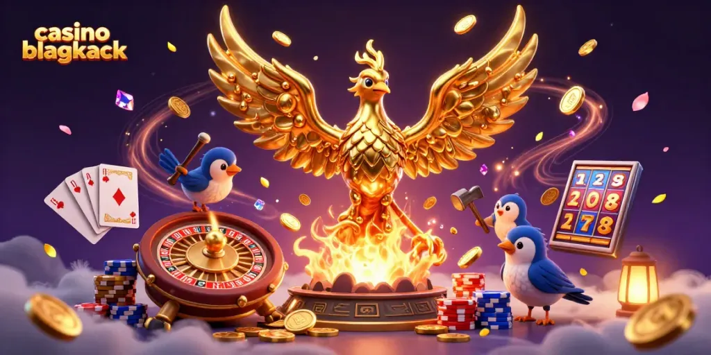 Juega casino blackjack con un fénix dorado y monedas brillantes en un ambiente vibrante.