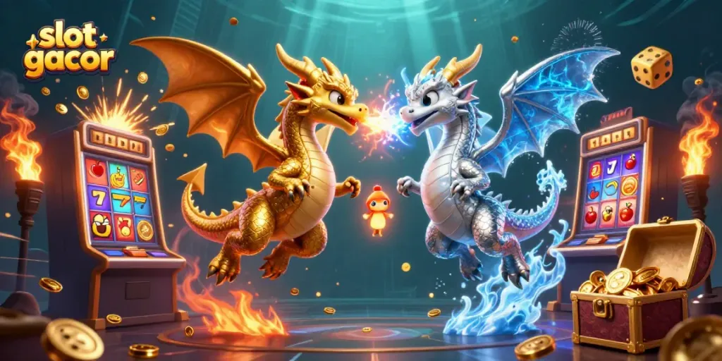 Memenangkan slot gacor dengan kekuatan naga emas dan perak dalam ilustrasi kasino yang dinamis.