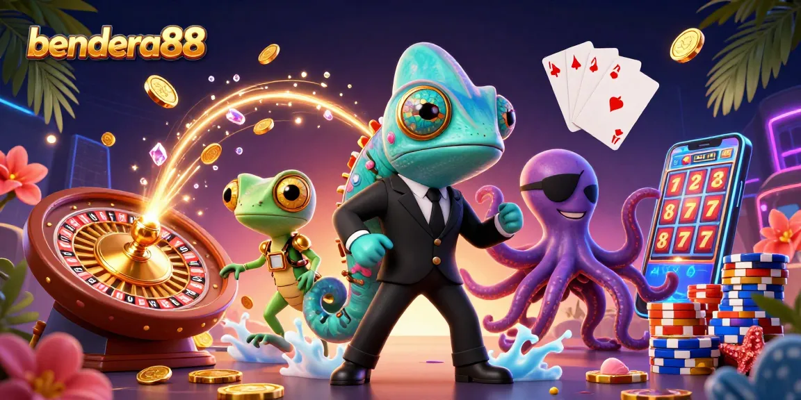 bendera88 menawarkan permainan slot yang menarik dengan chameleon dan gecko yang beraksi dalam atmosfer kasino.