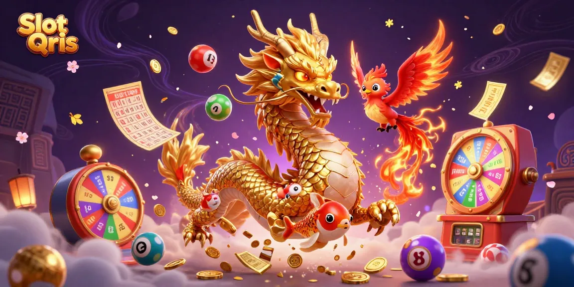 Experience Slot Qris excitement with dragons, koi, and dynamic lottery elements in this vibrant 3D digital artwork.