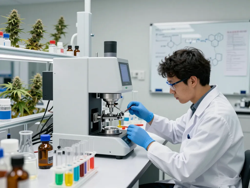 EU cannabinoid manufacturer analyzing high-quality extracts in a modern lab.