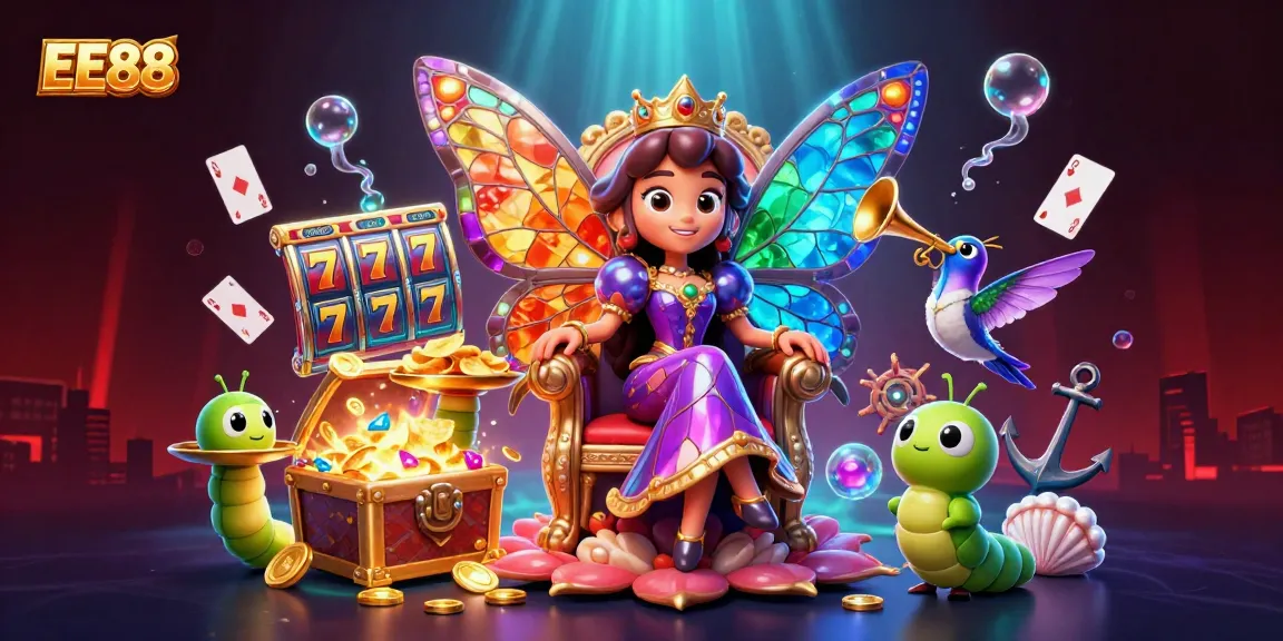Play exciting casino slots with EE88 in this vibrant underwater themed illustration featuring colorful game elements.