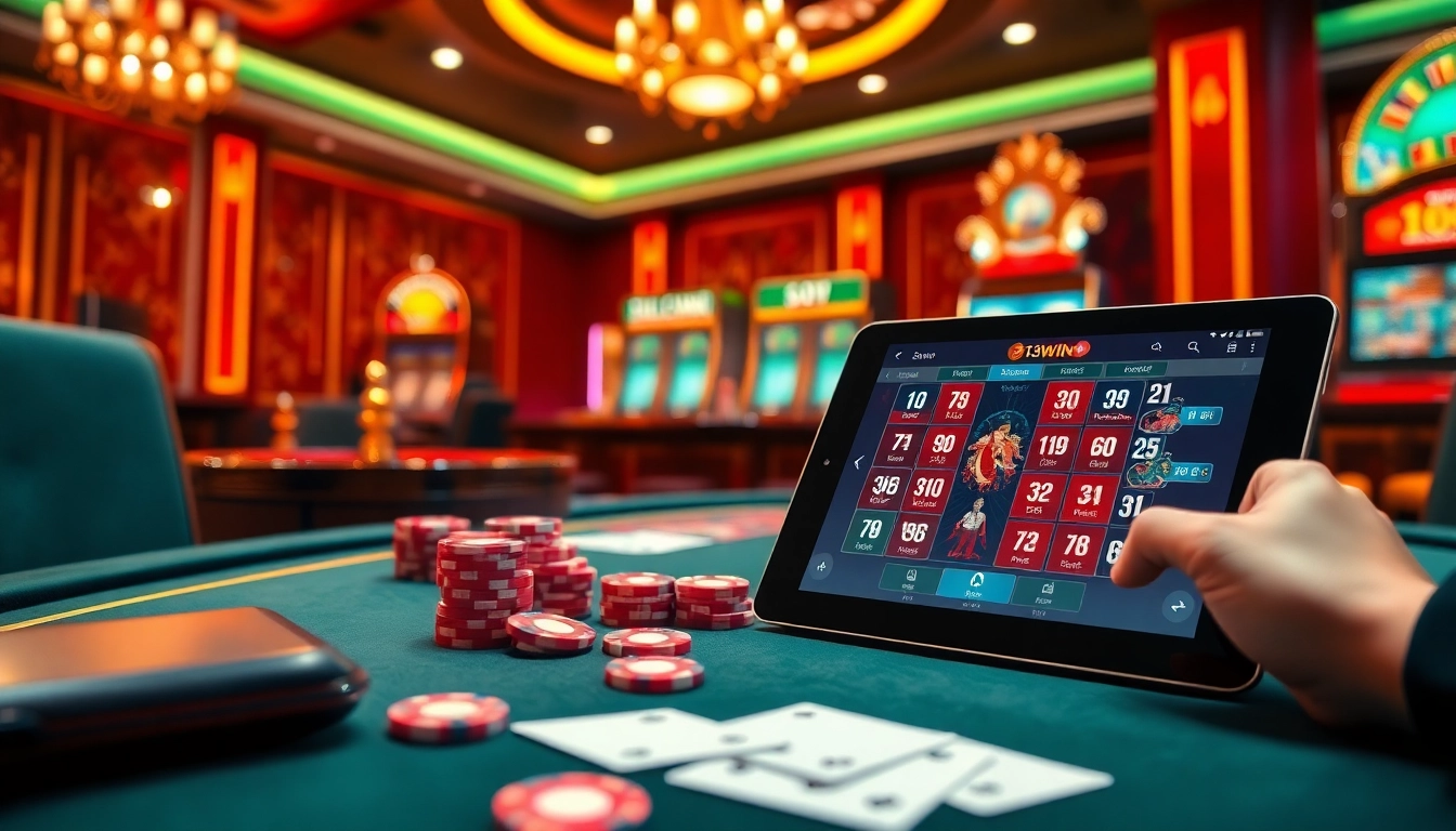 Engaging 13win online gambling scene with poker, roulette, and vibrant casino elements.