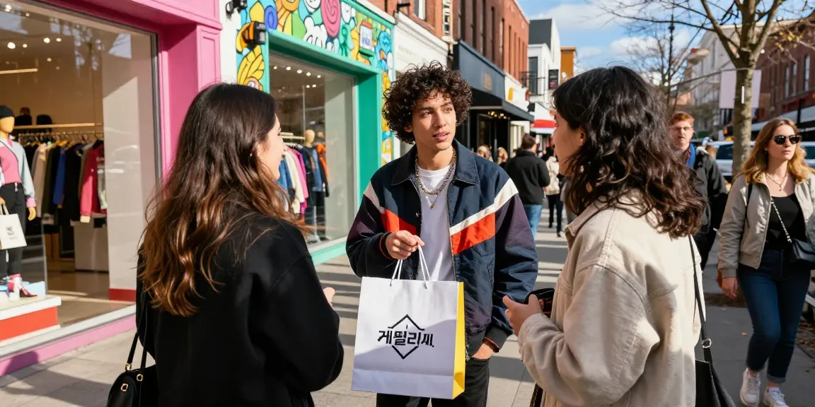 Dynamic urban fashion shopping scene featuring stylish person with 레플리카 collection in vibrant market.