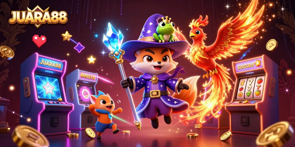 Join the fun at JUARA88 with a mystical wizard fox and phoenix in a vibrant casino arcade!