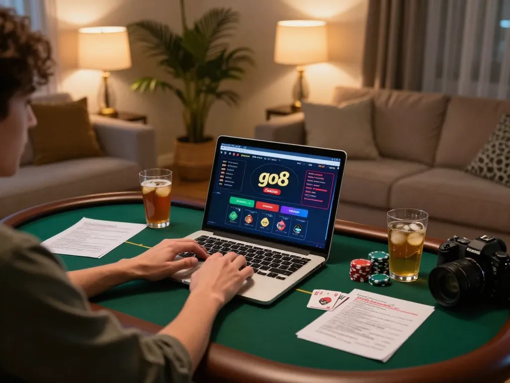 Person engaging with the go8 casino interface during an online gaming session at home, emphasizing responsible gameplay and strategy.