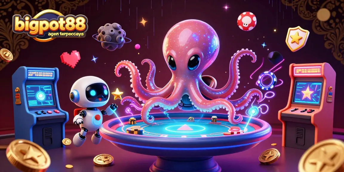 Experience thrilling gameplay with bigpot88 agen terpercaya featuring an alien octopus and dynamic casino elements.