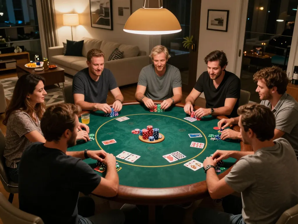 Players enjoying Texas Hold'em during a friendly poker night at home with lc88's thrilling strategy