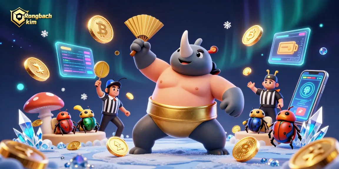 Engage with Rongbach kim's thrilling gaming scene featuring a beetle champion and vibrant crypto elements.