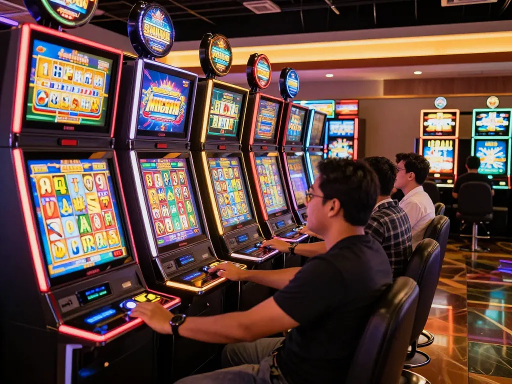 Players enjoying the excitement of slot gacor machines in a lively casino atmosphere.