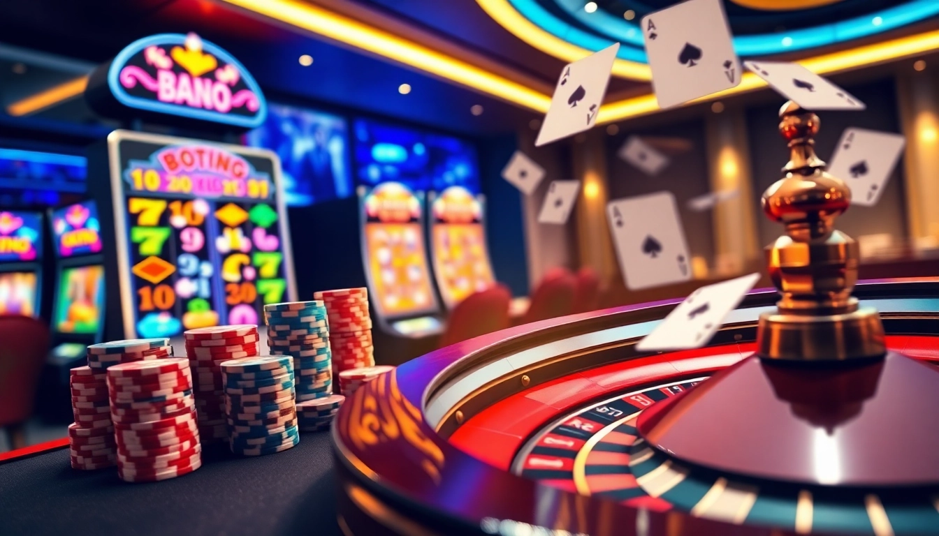 88vv showcases an exciting online casino environment with vivid slot machines and poker chips.