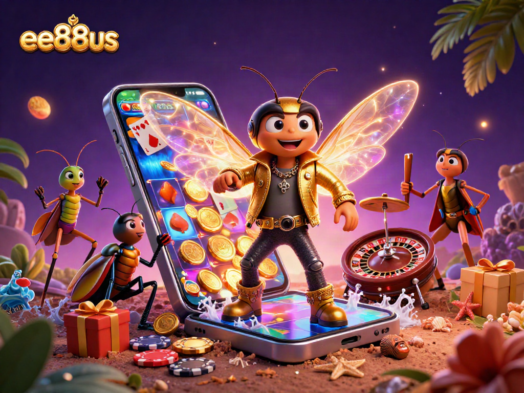 Experience the excitement of ee88us with a colorful casino scene featuring animated rock star characters.