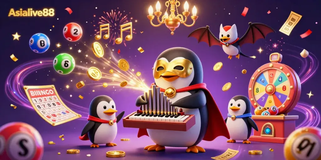 Engage with Asialive88 through this vibrant casino illustration showcasing dynamic lottery elements and an entertaining penguin.