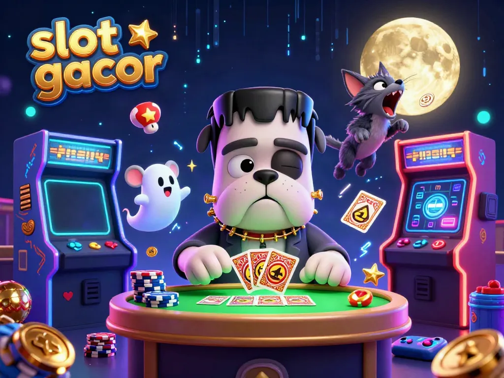 Slot gacor yang memikat dengan Frankenstein bulldog berperan sebagai dealer kartu di kasino bertema spooky.