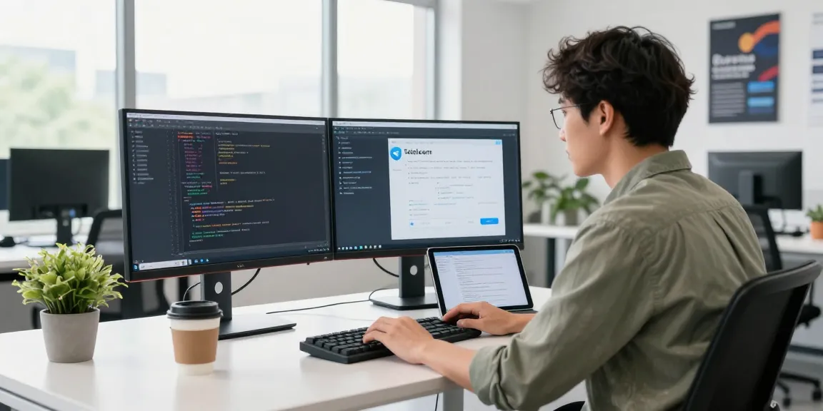 Developer coding telegram中文版 on dual monitors in a modern workspace