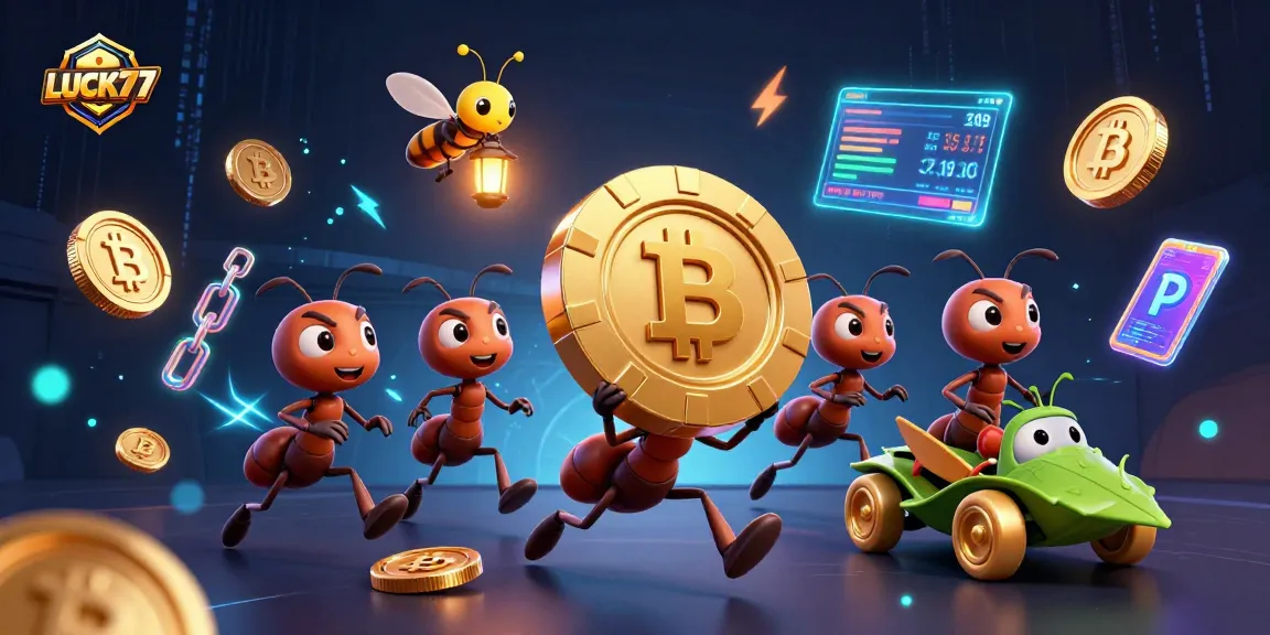 LUCKY77 thrills with a 3D team of ants in a heist, showcasing golden poker chips and crypto coins.