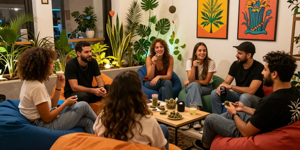 Cannabis Social Club Madrid, vibrant gathering of friends sharing cannabis, colorful decor, and a warm atmosphere.