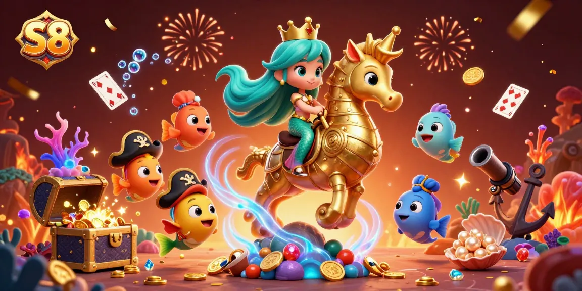 S8 players celebrate wins amidst underwater treasures in a vibrant gambling scene.