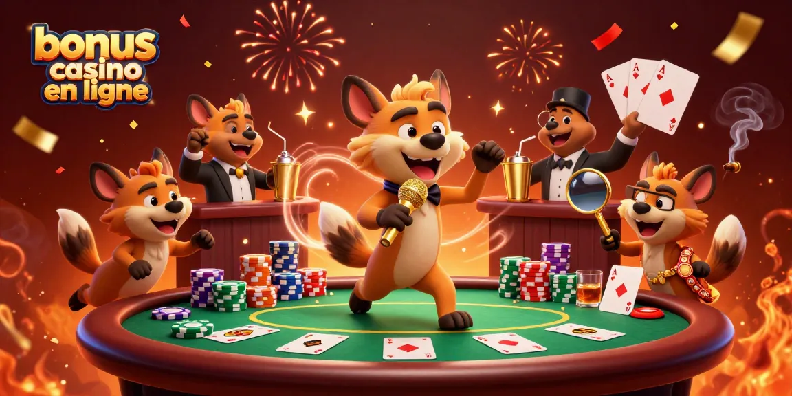 Profitez des offres de bonus casino en ligne avec une illustration de hyènes animées en pleine action.