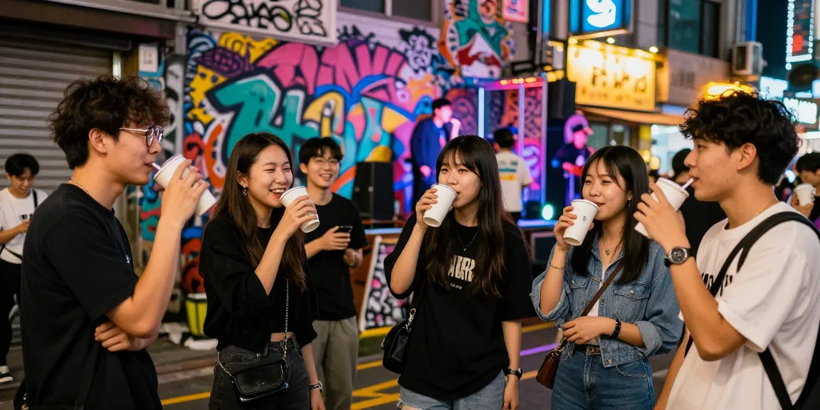 홍대오피와 함께하는 젊은이들이 즐거운 밤 외출을 하는 모습, 스트리트 아트 배경에서 활기찬 분위기를 연출합니다.