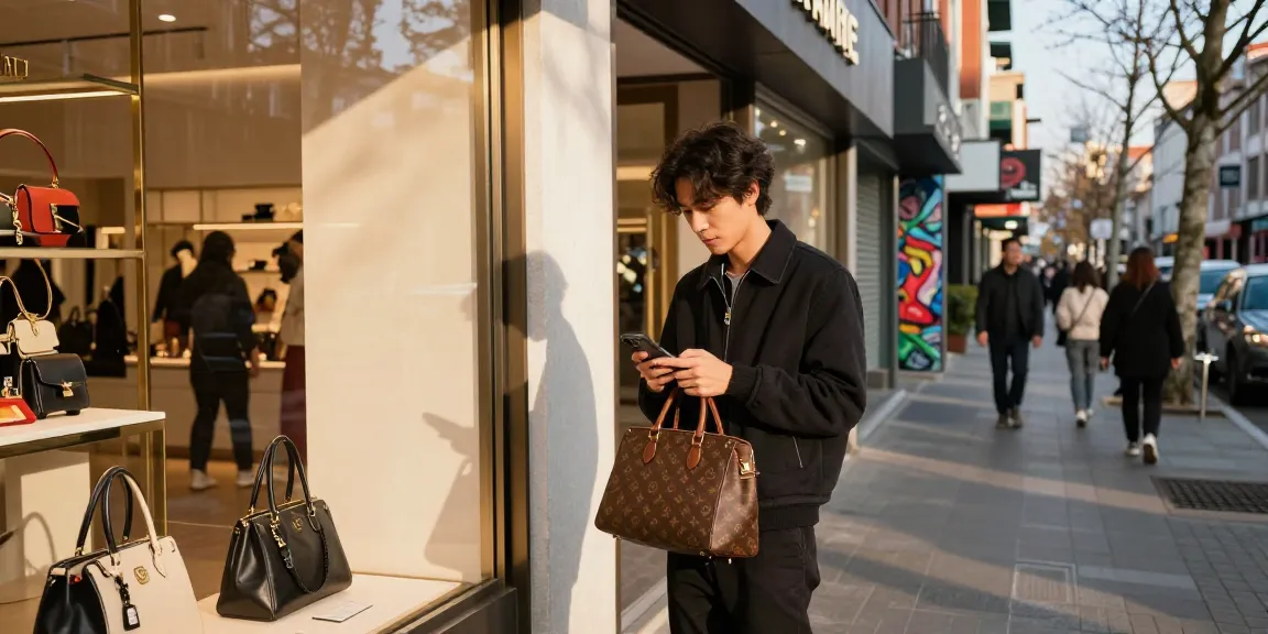 Stylish individual showcasing 명품 레플리카 handbag in vibrant urban fashion scene.