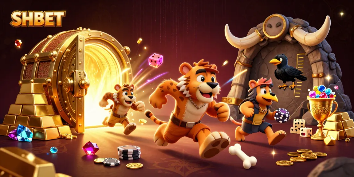 Engage in thrilling gameplay at SHBET with a prehistoric casino featuring caveman duo and vibrant treasures.