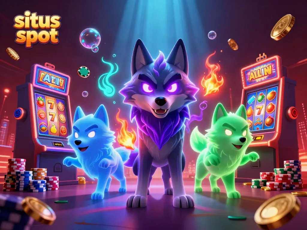 Situs slot dengan karakter serigala bercahaya, elemen permainan slot, dan suasana kasino yang menakjubkan.