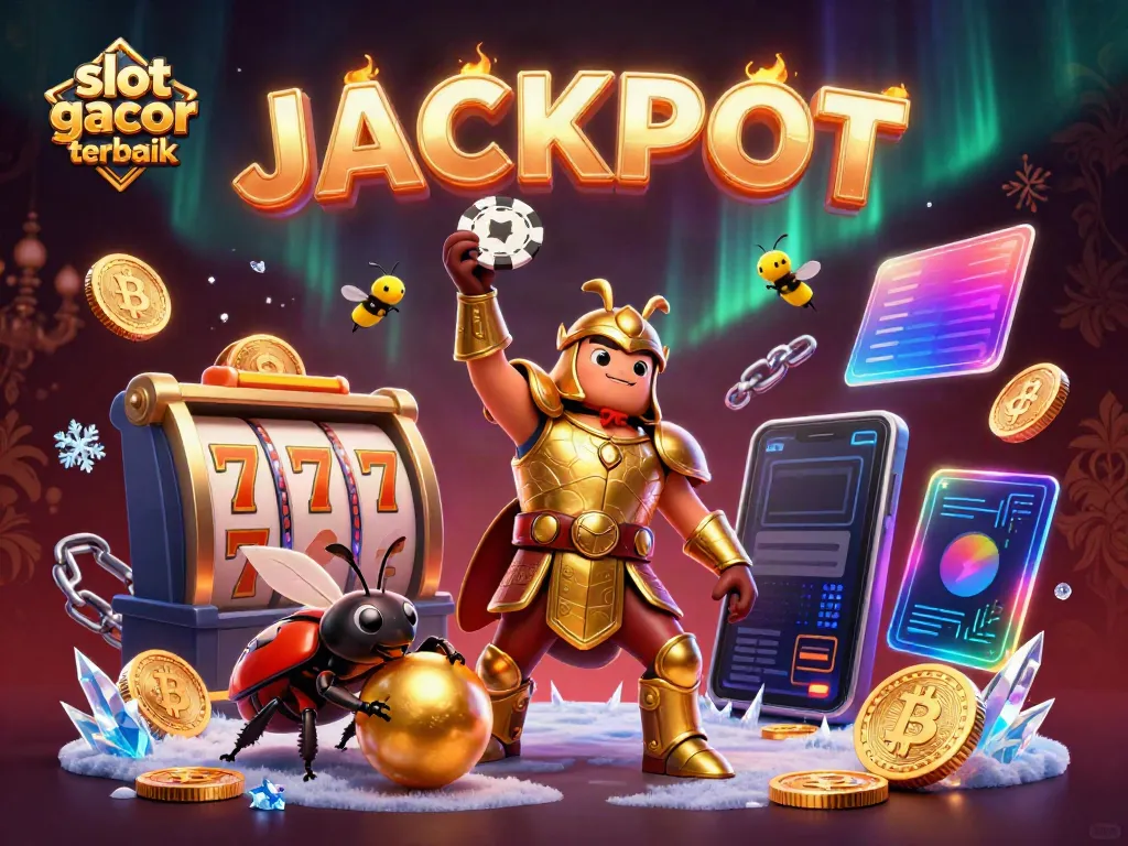 Visualisasi slot gacor terbaik dengan karakter lucu yang merayakan kemenangan dalam suasana kasino digital.