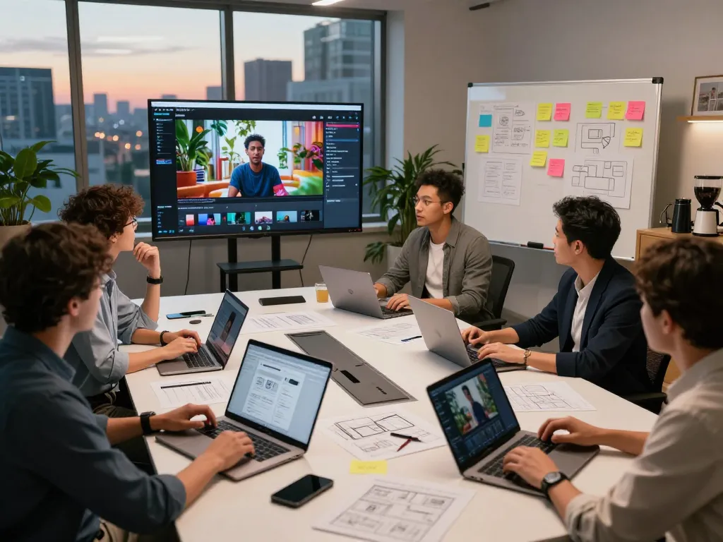 Collaborative team using Seedance 2.0 in a modern office, showcasing vibrant AI-generated video creation.