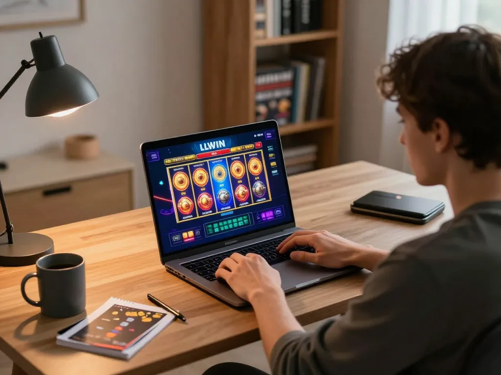 Engaging in LLWIN Function gameplay on laptop, showcasing vibrant online casino experience