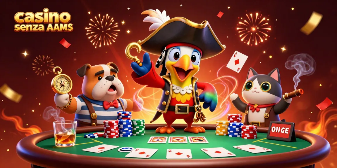 Immergiti in avventure nei casino senza AAMS con pirati dei cartoni animati e brividi del poker in questa vivace scena 3D.