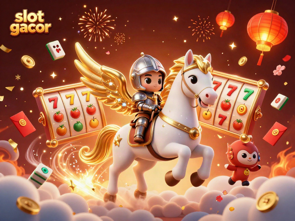 Experience the thrill of slot gacor with a 3D celestial scene featuring a winged horse and dynamic game elements.