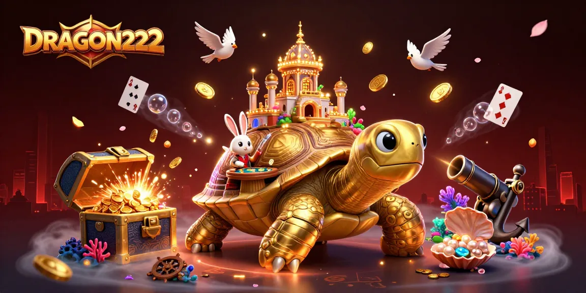 Experience DRAGON222's exciting gambling world with a dynamic casino scene featuring a turtle palace.