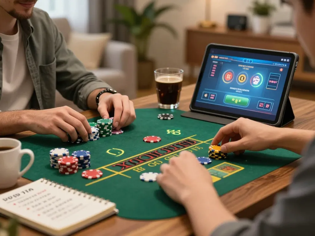 Xóc đĩa online gameplay featuring players making strategic bets on a tablet in a cozy living room setting.