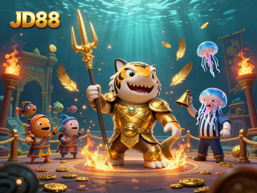 Engage with JD88 in an epic 3D underwater casino showdown featuring a shark champion and jellyfish referee.