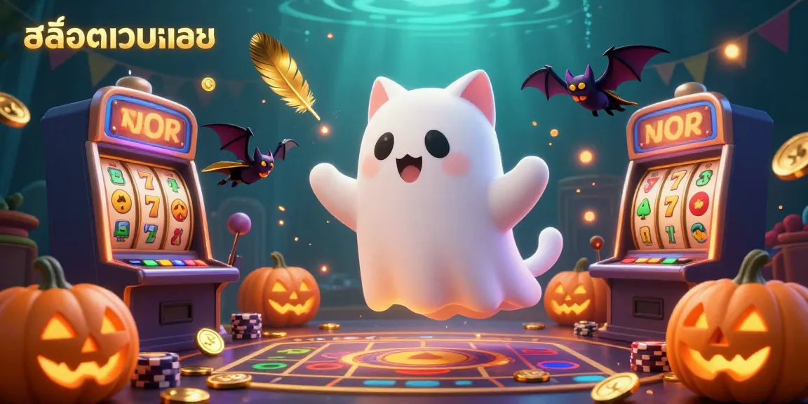 Play exciting slots with สล็อตเว็บตรง as a ghost cat and vampire bat explore a vibrant casino.