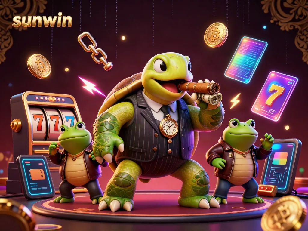 Engaging sunwin gaming scene featuring a turtle mobster with glowing casino elements.