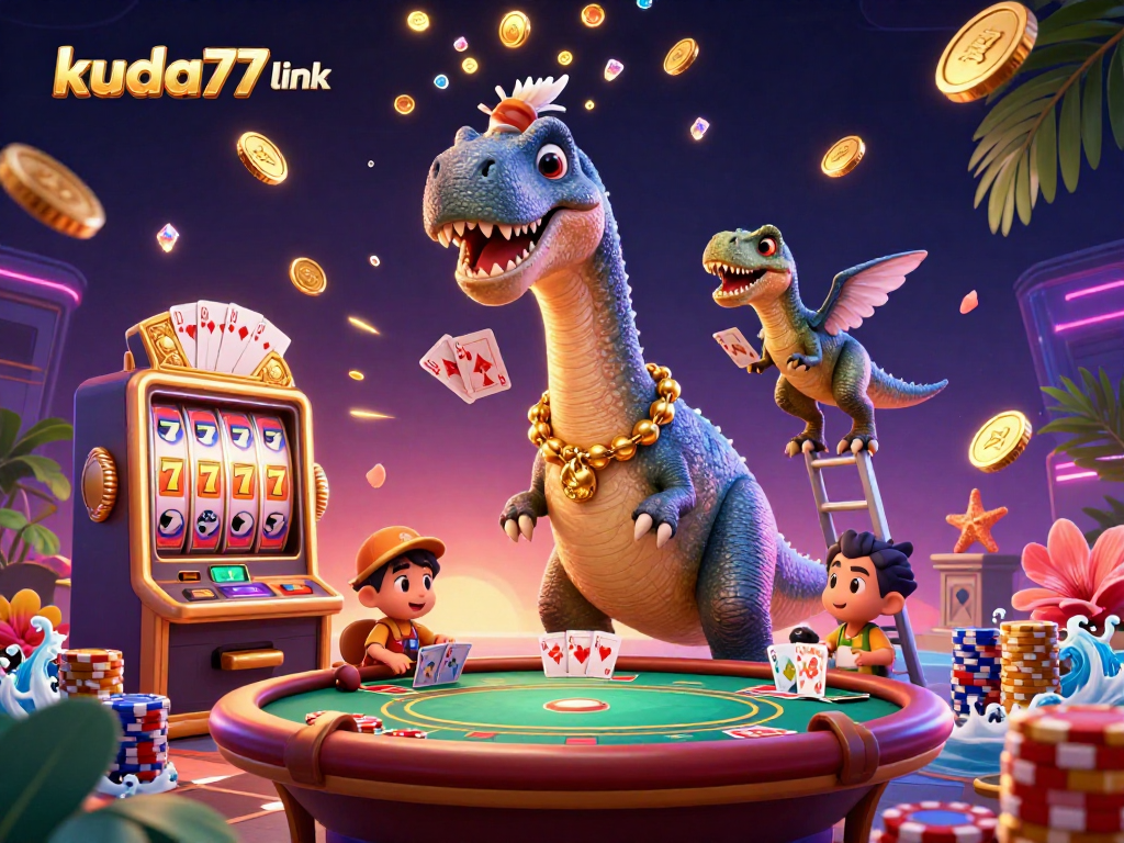 Menghadirkan kuda77 link dengan karakter brontosaurus dan raptor dalam suasana kasino yang megah dan dinamis.