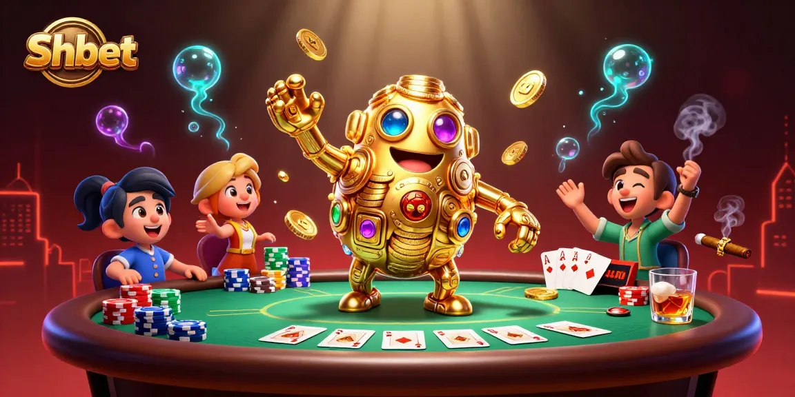 Watch Shbet come to life in a vibrant 3D casino scene with golden golem and poker elements.