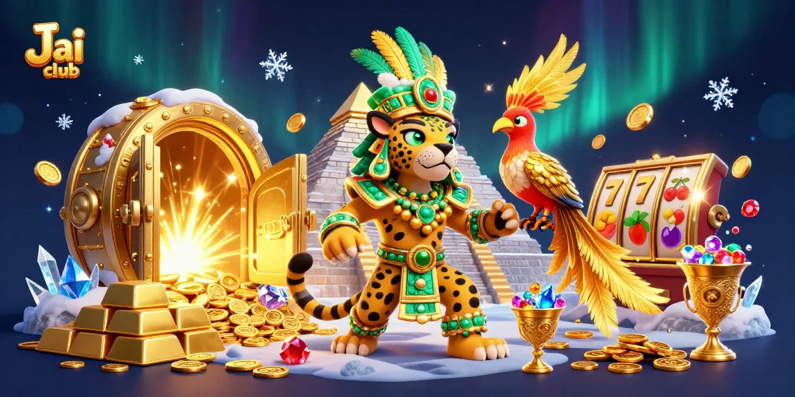 Engage with Jai club's captivating Mayan-themed 3D casino illustration featuring gold treasures and vibrant game elements.