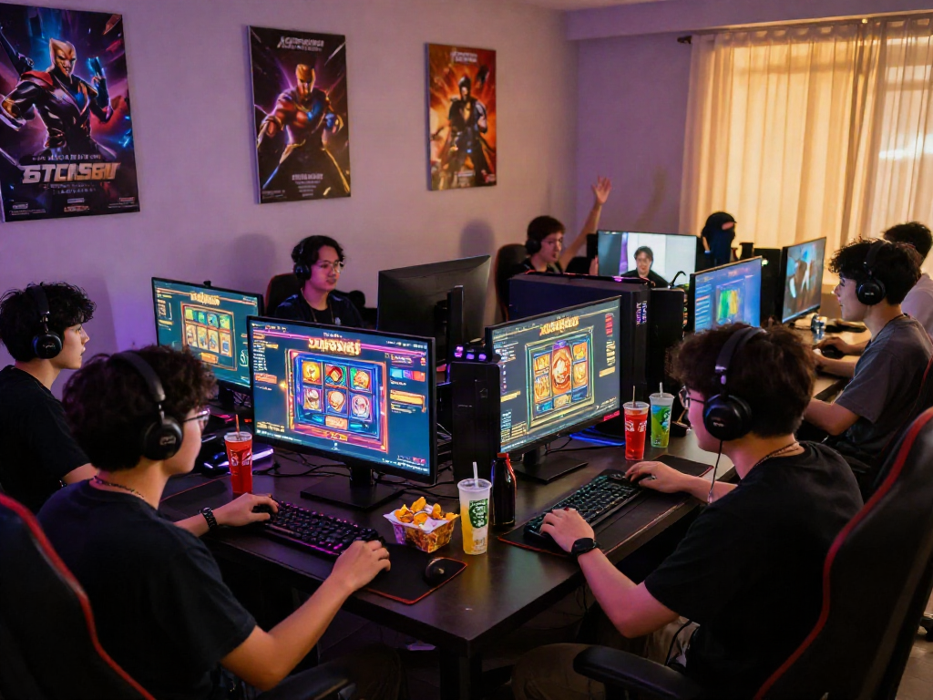 Players enjoying an exciting slot jepang game during an online gaming night with vibrant graphics.