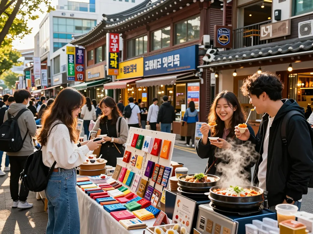 A vibrant Seoul shopping scene at https://forumup.org/shop/search.php?ca_id=&addr1=&addr2=&addr3=&schKeyword= featuring diverse shoppers engaging with local vendors and traditional food stalls.