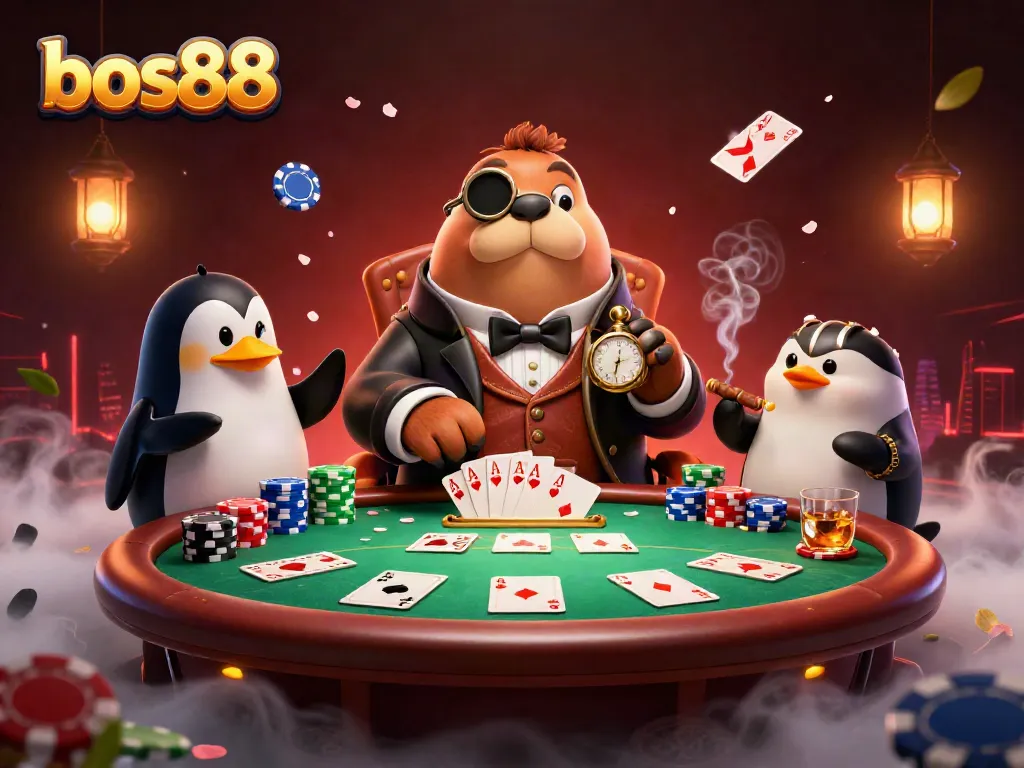 Permainan bos88 di meja poker bawah laut dengan karakter kartun, menampilkan aksi taruhan